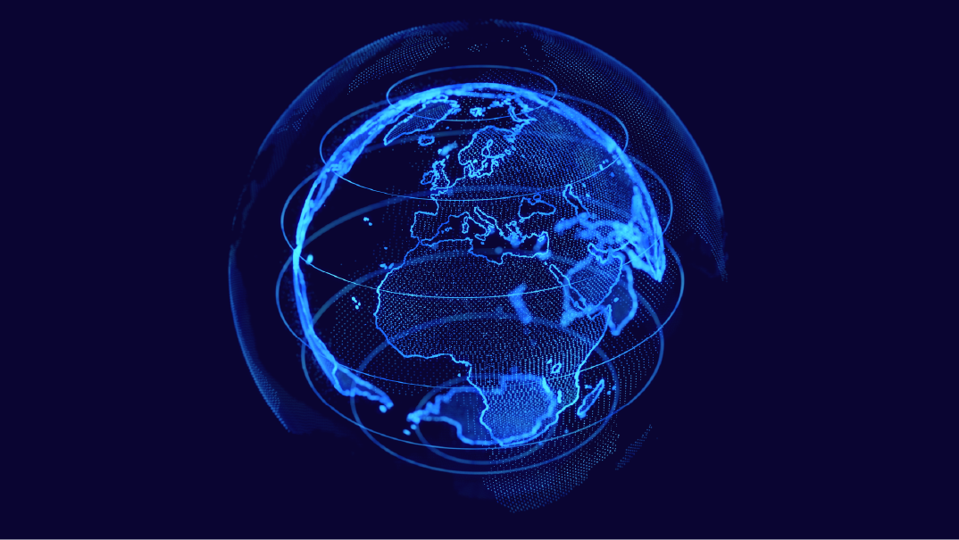 Une représentation numérique de la Terre avec un fond bleu foncé et les continents tracés en lignes bleu clair, notamment l'Europe, l'Afrique, certaines parties de l'Asie et de l'Amérique du Sud.